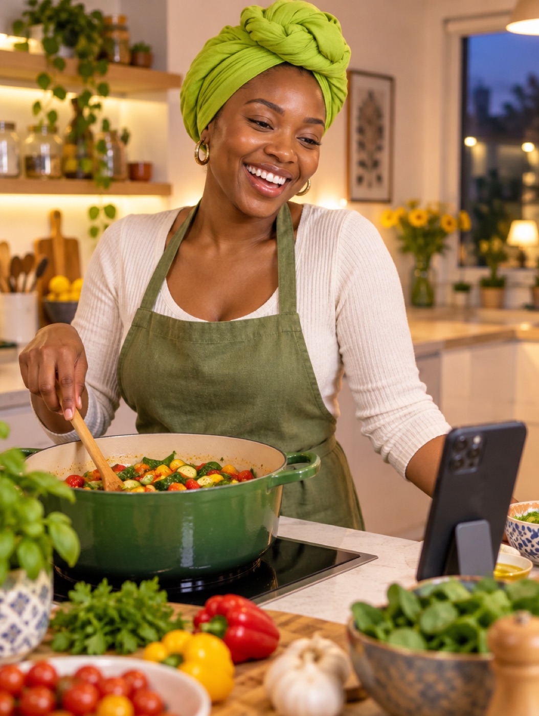 A woman in a lime headwrap cooking a vegetable dinner, smiling as she talks to her phone