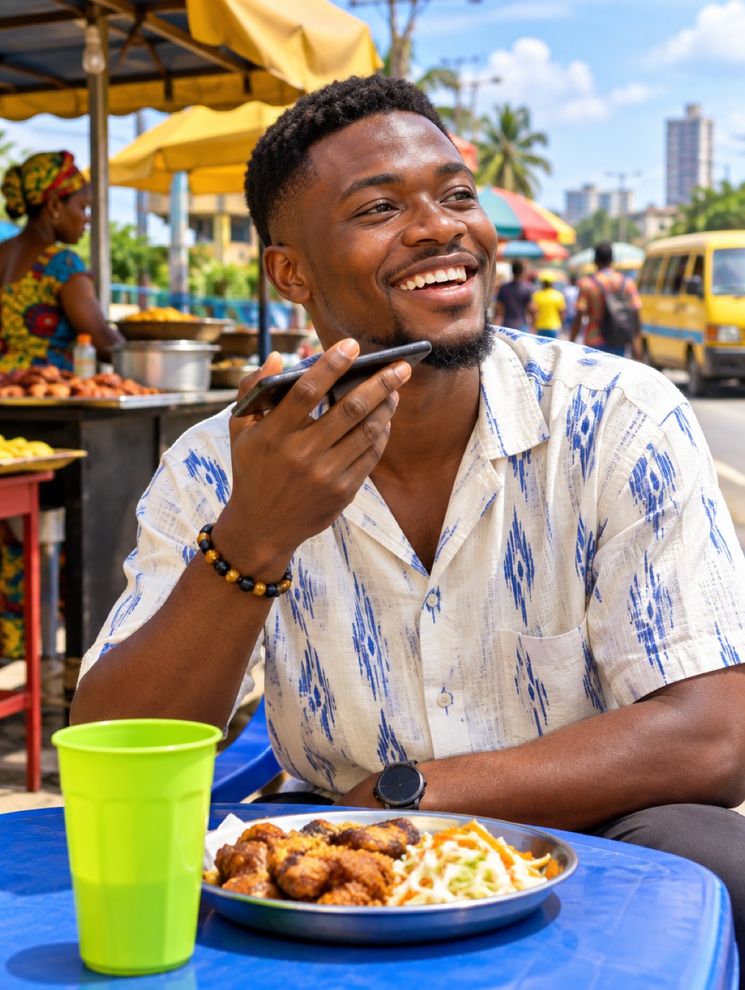 A young man laughing on his lunch break at a sunny street-food stall, recording a voice note