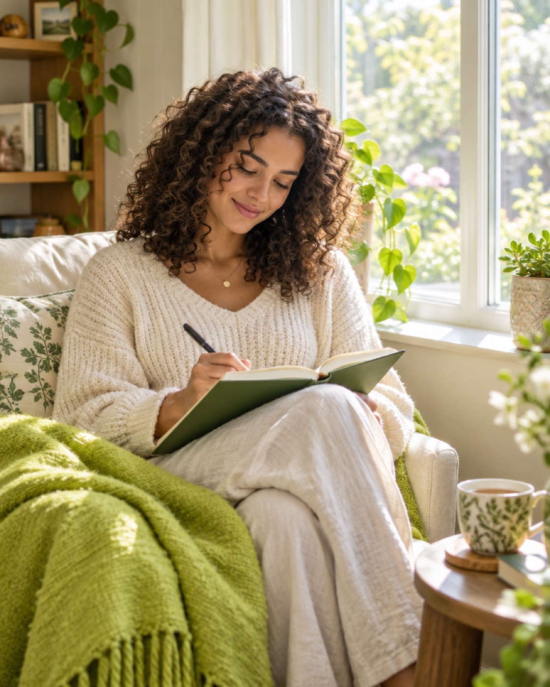A woman writing in her journal in a sunlit reading nook, a lime blanket over her knees