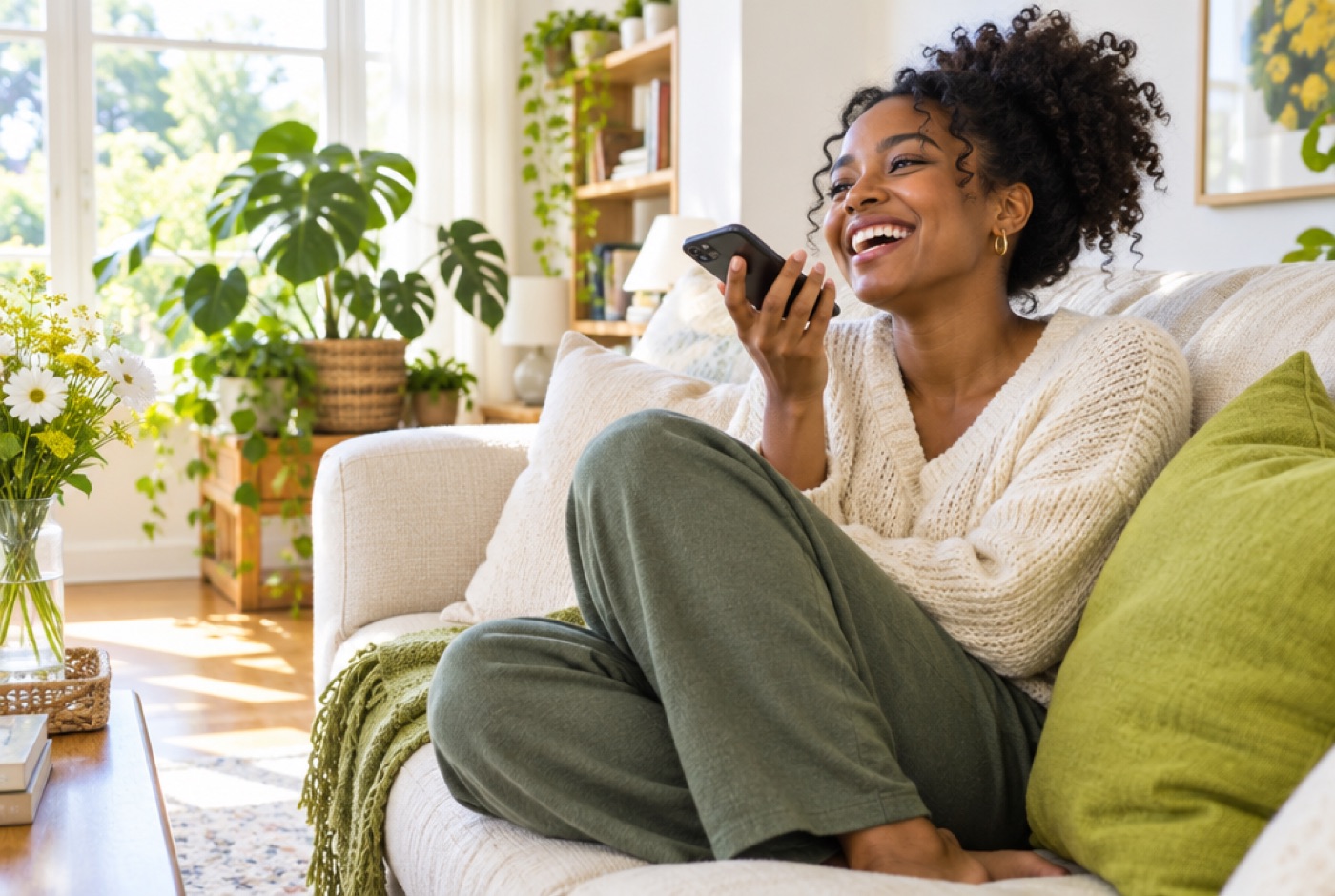 A young woman curled up on a sunlit sofa, laughing as she tells her phone about her day