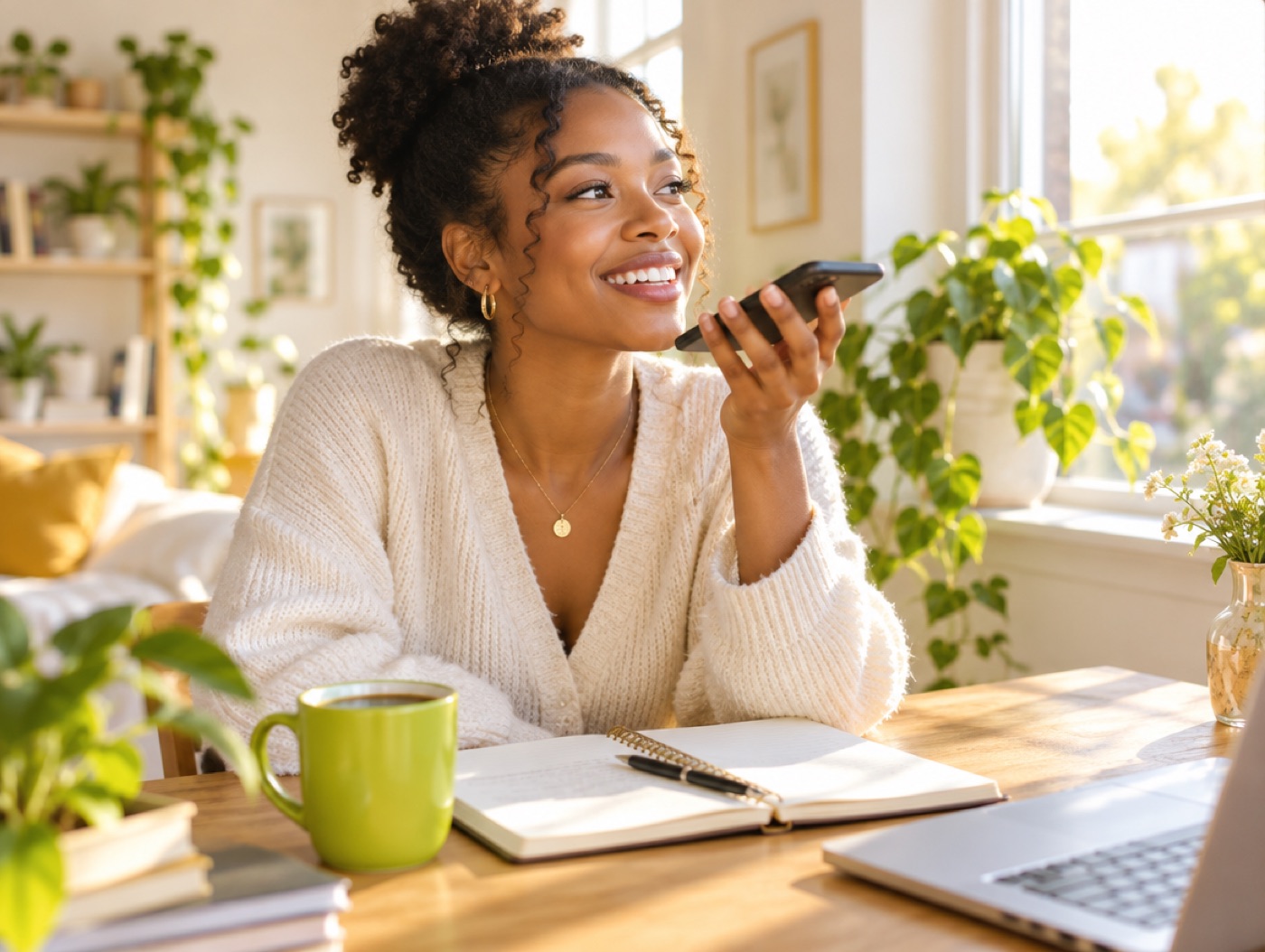 A young woman at a sunny desk with a lime mug, telling her phone what she wants to start