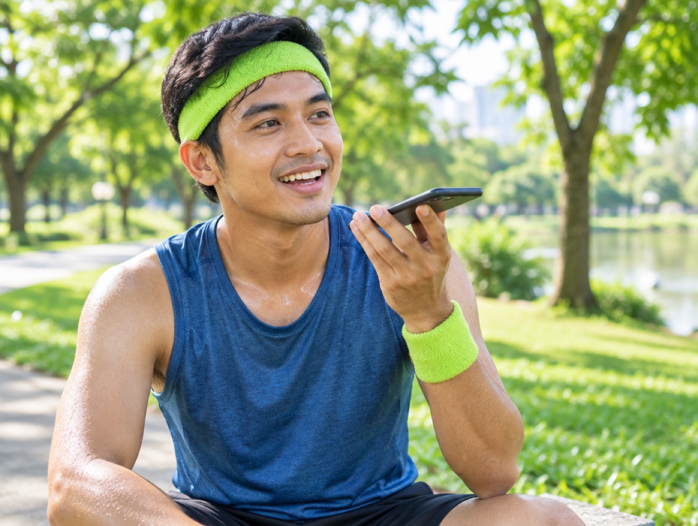 A man in a lime sweatband pausing in a sunny park after a run, recording a voice note