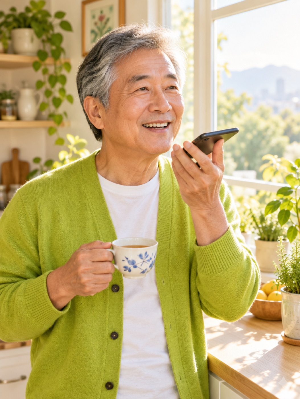 A smiling older man in a lime cardigan with his morning tea by a sunny window, talking into his phone