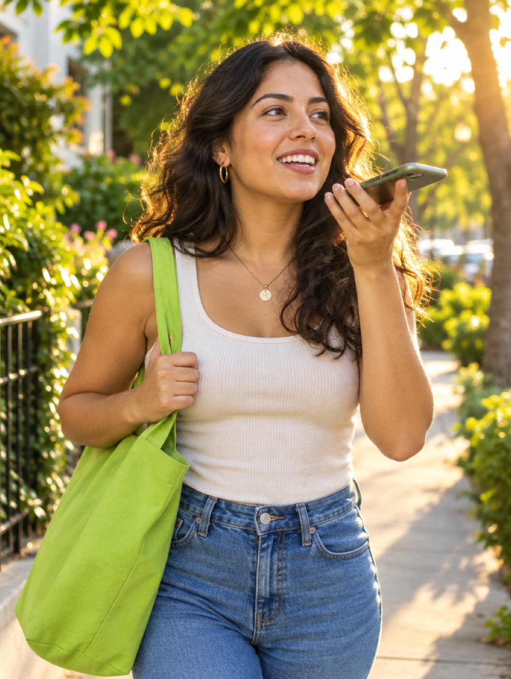 A woman with a lime tote bag walking home down a sunlit street, smiling into her phone